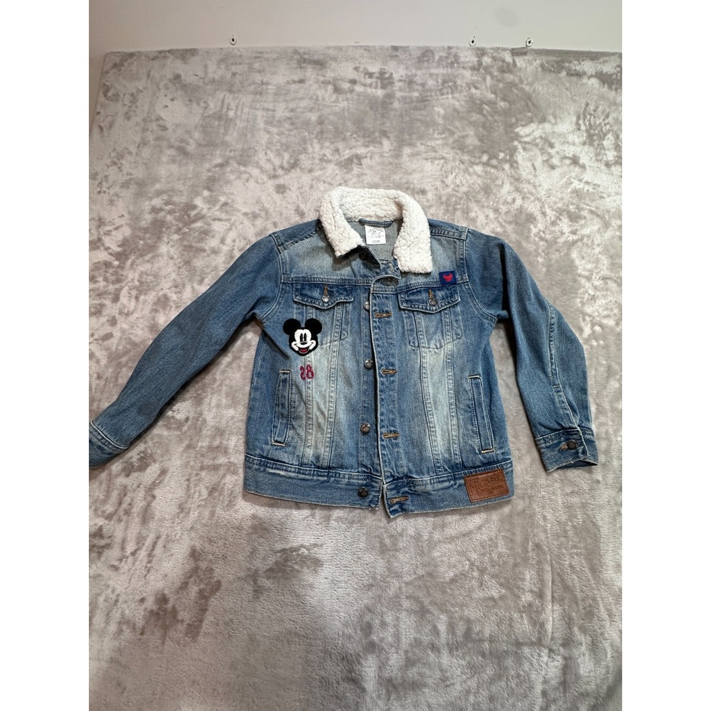 Disney Mickey Mouse Kids Denim Jacket 5/6 Sherpa Collar Chenille Patch Jean Coat